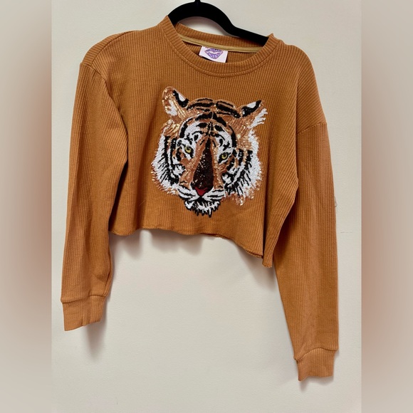 Revolve Sparkle City Sequin Tiger Applique Crewneck waffle Sweater Mustard XS - Picture 3 of 4